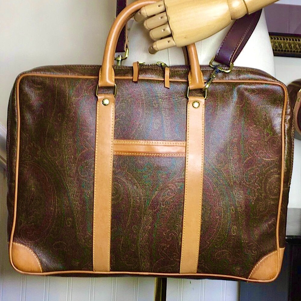 ETRO MILANO Red Paisley Coated Canvas Vachetta Top Handle Briefcase Laptop Bag